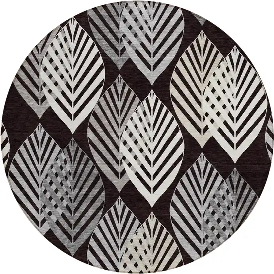 8' Black Silver And Charcoal Round Floral Washable Indoor Outdoor Area Rug Photo 1