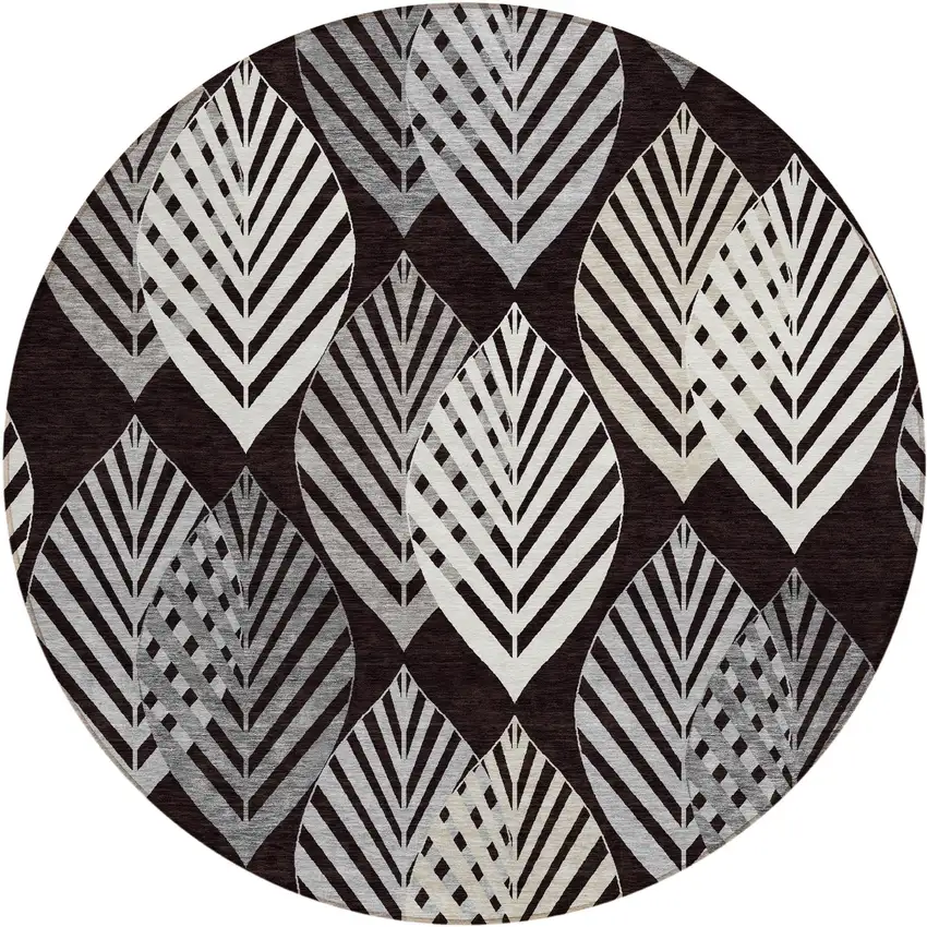 8' Black Silver And Charcoal Round Floral Washable Indoor Outdoor Area Rug Photo 1