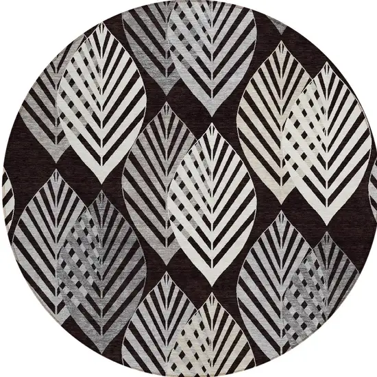 8' Black Silver And Charcoal Round Floral Washable Indoor Outdoor Area Rug Photo 6