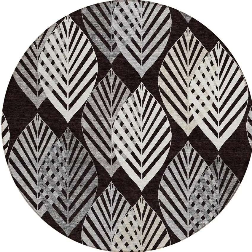8' Black Silver And Charcoal Round Floral Washable Indoor Outdoor Area Rug Photo 6