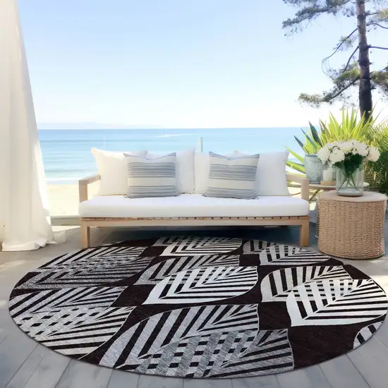 8' Black Silver And Charcoal Round Floral Washable Indoor Outdoor Area Rug Photo 8