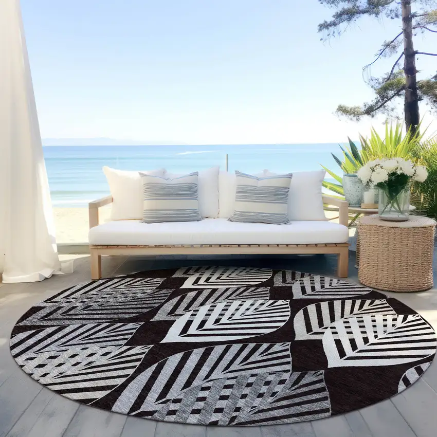 8' Black Silver And Charcoal Round Floral Washable Indoor Outdoor Area Rug Photo 8