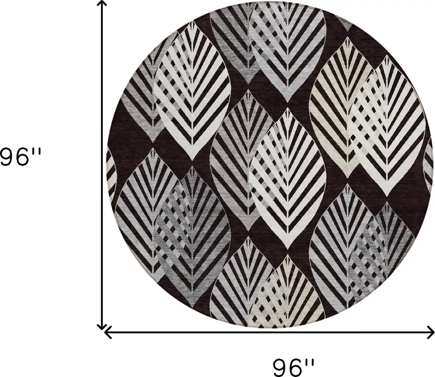 8' Black Silver And Charcoal Round Floral Washable Indoor Outdoor Area Rug Photo 9