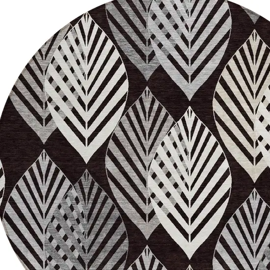 8' Black Silver And Charcoal Round Floral Washable Indoor Outdoor Area Rug Photo 5