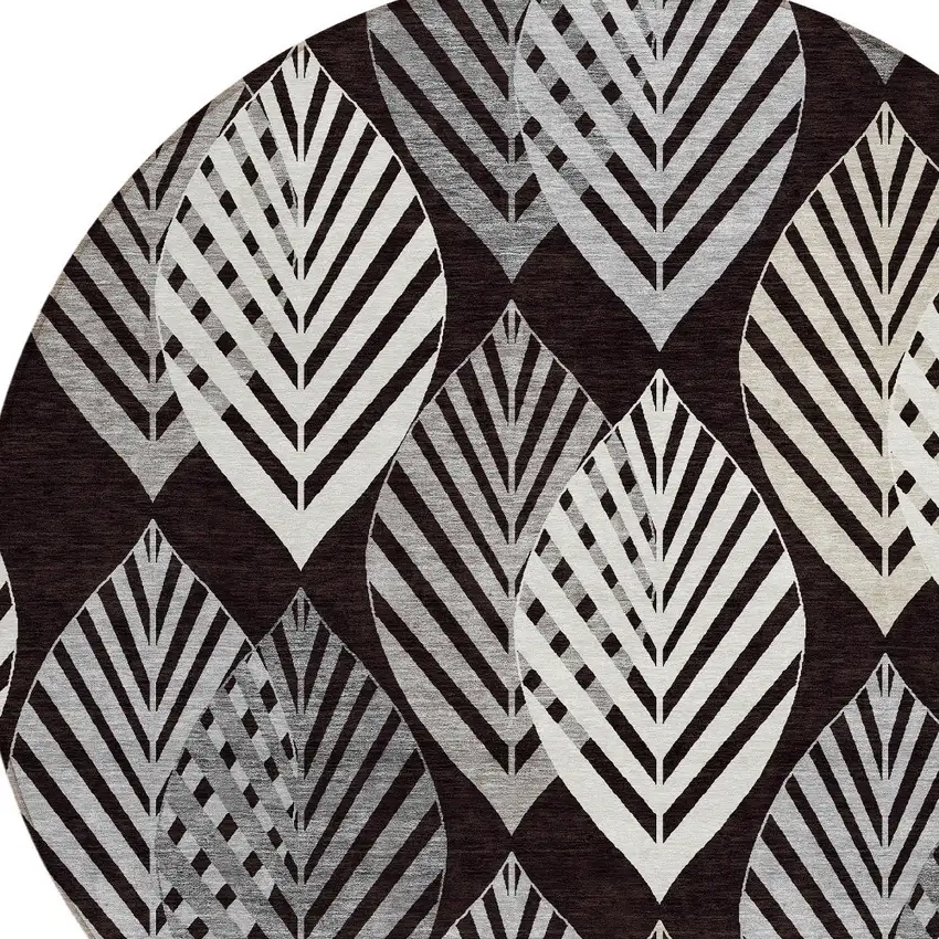 8' Black Silver And Charcoal Round Floral Washable Indoor Outdoor Area Rug Photo 5