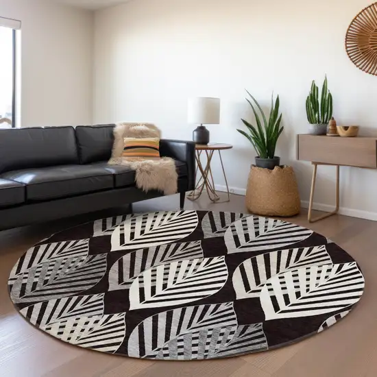 8' Black Silver And Charcoal Round Floral Washable Indoor Outdoor Area Rug Photo 8