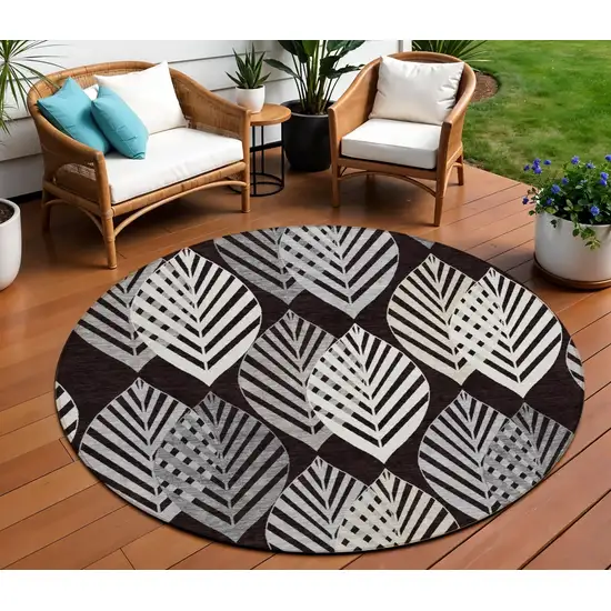 8' Black Silver And Charcoal Round Floral Washable Indoor Outdoor Area Rug Photo 1