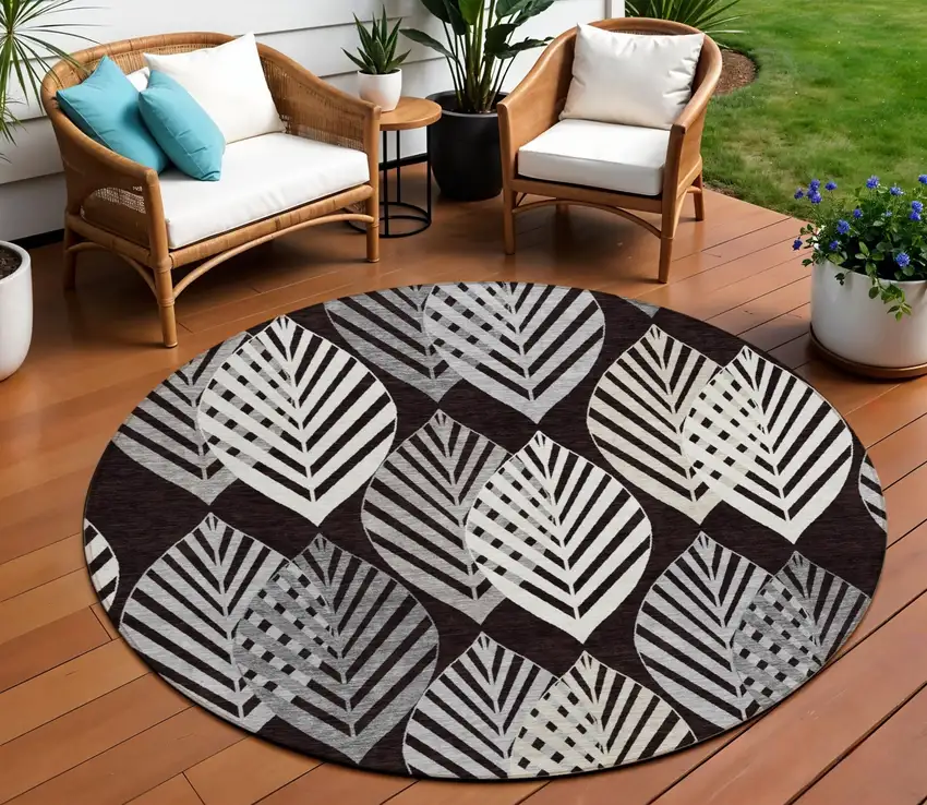 8' Black Silver And Charcoal Round Floral Washable Indoor Outdoor Area Rug Photo 1