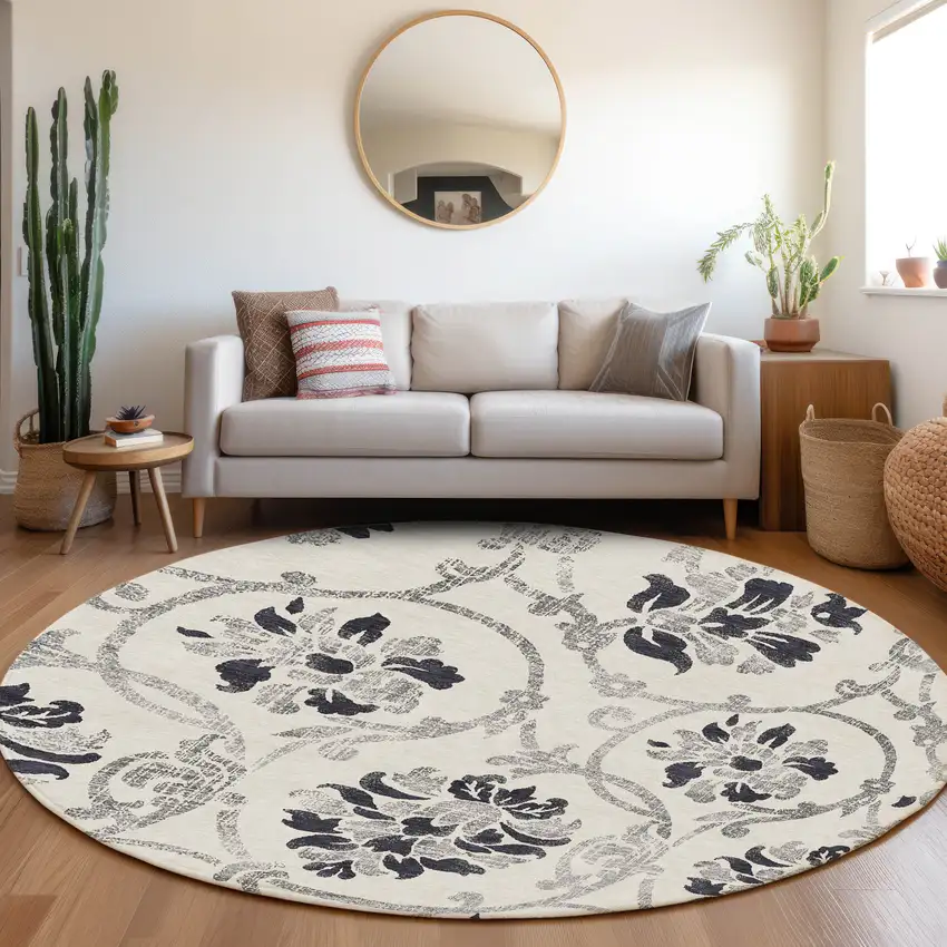 8' Black Silver And Charcoal Round Floral Washable Indoor Outdoor Area Rug Photo 7