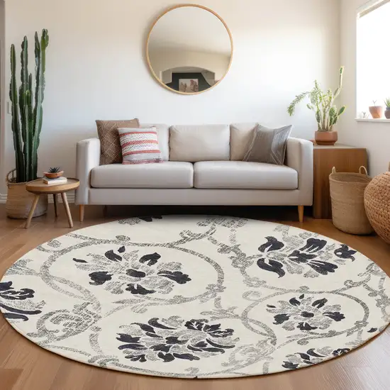 8' Black Silver And Charcoal Round Floral Washable Indoor Outdoor Area Rug Photo 7
