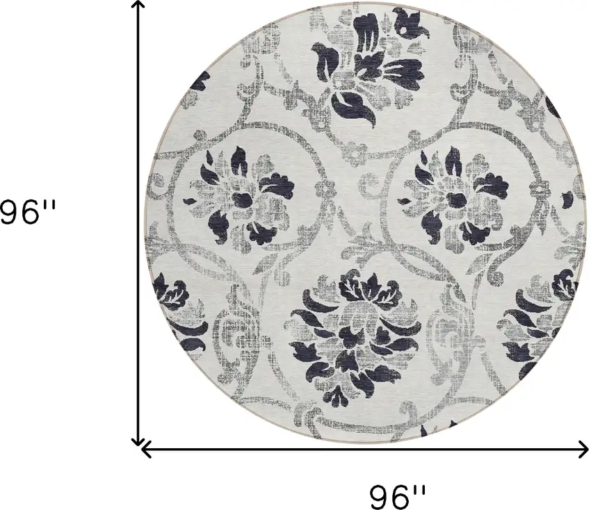 8' Black Silver And Charcoal Round Floral Washable Indoor Outdoor Area Rug Photo 3