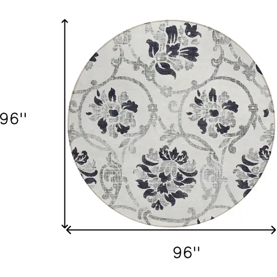 8' Black Silver And Charcoal Round Floral Washable Indoor Outdoor Area Rug Photo 3