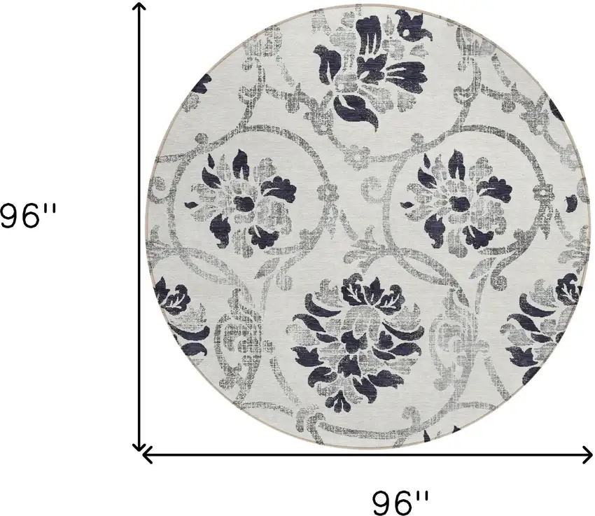 8' Black Silver And Charcoal Round Floral Washable Indoor Outdoor Area Rug Photo 3