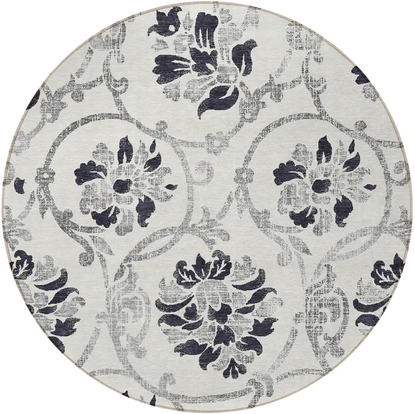 8' Black Silver And Charcoal Round Floral Washable Indoor Outdoor Area Rug Photo 5