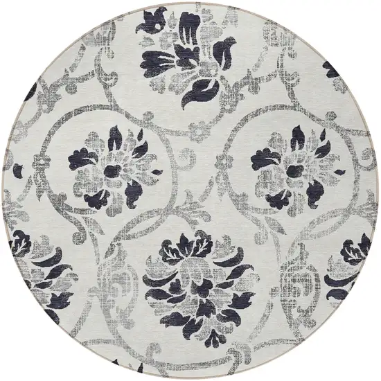 8' Black Silver And Charcoal Round Floral Washable Indoor Outdoor Area Rug Photo 5