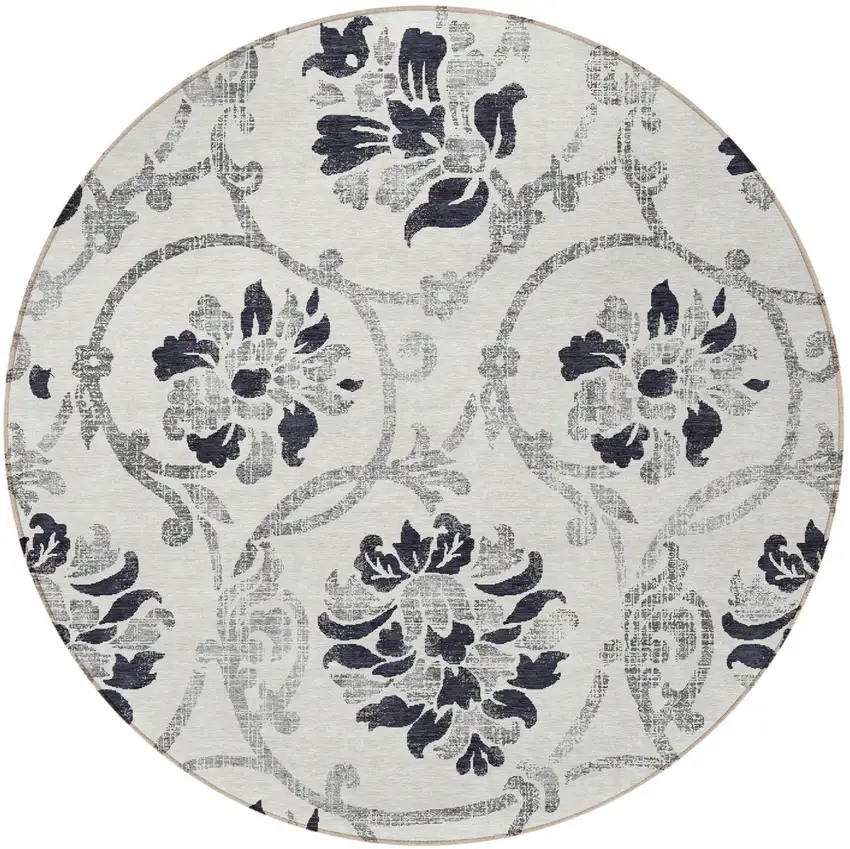 8' Black Silver And Charcoal Round Floral Washable Indoor Outdoor Area Rug Photo 5
