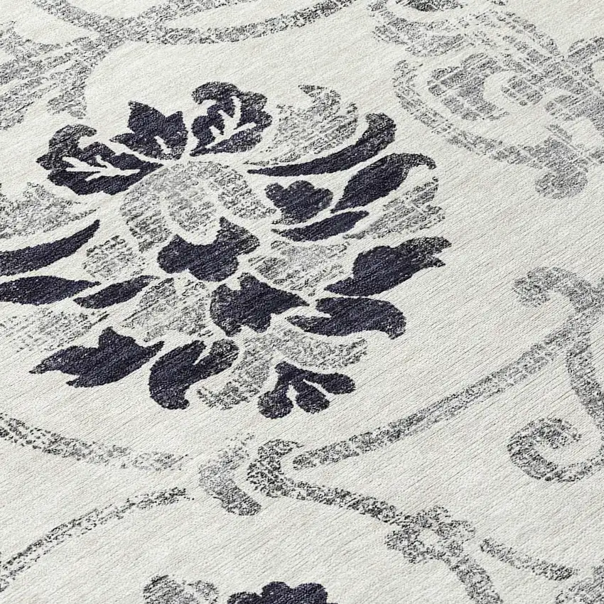 8' Black Silver And Charcoal Round Floral Washable Indoor Outdoor Area Rug Photo 9