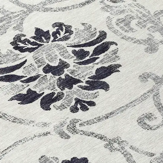 8' Black Silver And Charcoal Round Floral Washable Indoor Outdoor Area Rug Photo 9
