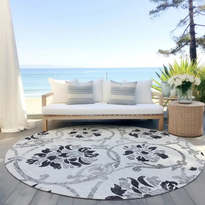 8' Black Silver And Charcoal Round Floral Washable Indoor Outdoor Area Rug Photo 6