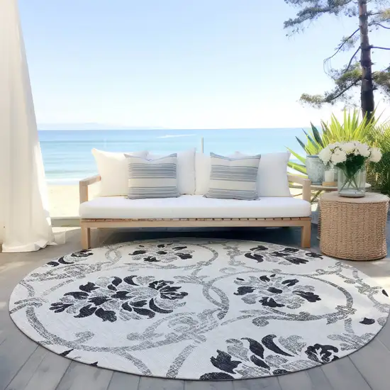 8' Black Silver And Charcoal Round Floral Washable Indoor Outdoor Area Rug Photo 6