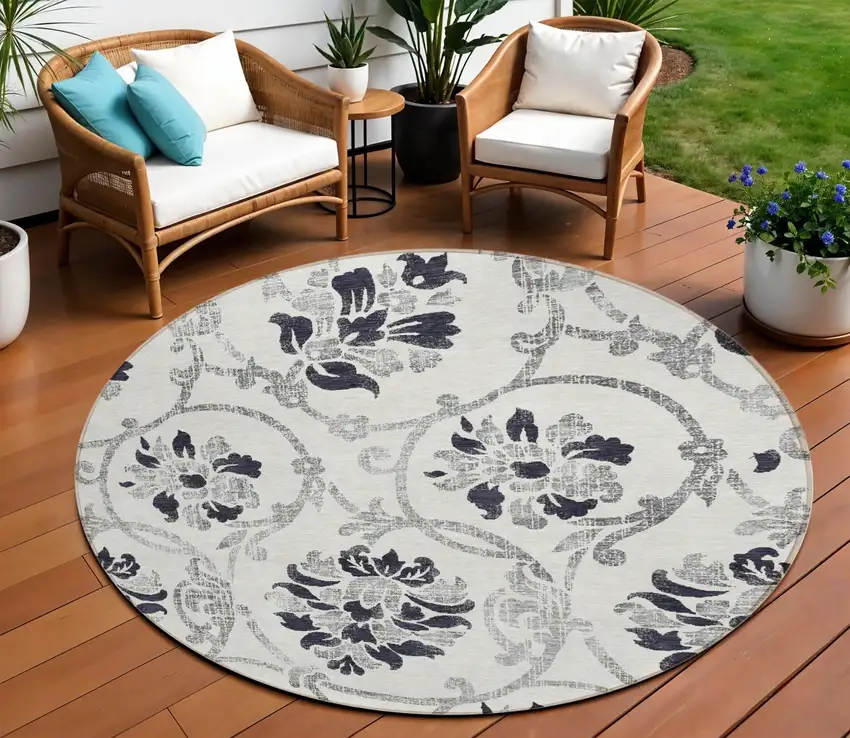 8' Black Silver And Charcoal Round Floral Washable Indoor Outdoor Area Rug Photo 1