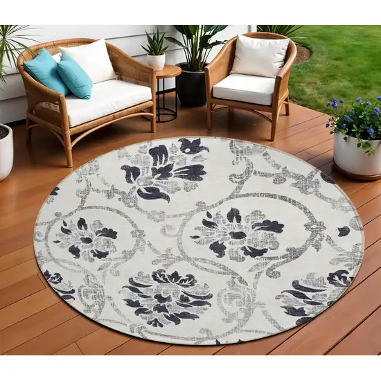 8' Black Silver And Charcoal Round Floral Washable Indoor Outdoor Area Rug Photo 1