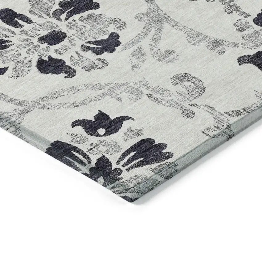8' Black Silver And Charcoal Round Floral Washable Indoor Outdoor Area Rug Photo 2