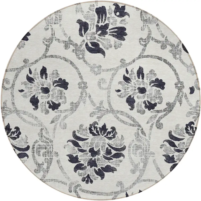 8' Black Silver And Charcoal Round Floral Washable Indoor Outdoor Area Rug Photo 1