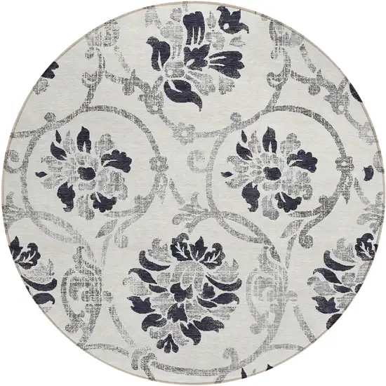 8' Black Silver And Charcoal Round Floral Washable Indoor Outdoor Area Rug Photo 1