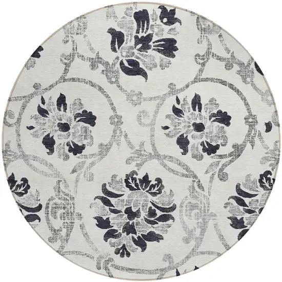 8' Black Silver And Charcoal Round Floral Washable Indoor Outdoor Area Rug Photo 1