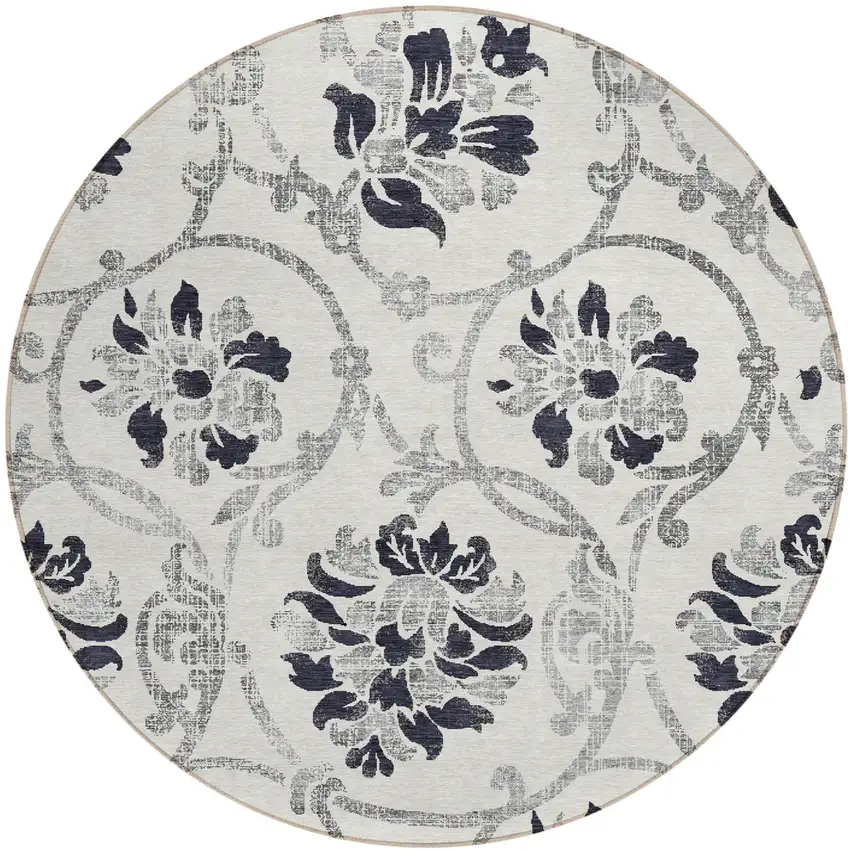 8' Black Silver And Charcoal Round Floral Washable Indoor Outdoor Area Rug Photo 1
