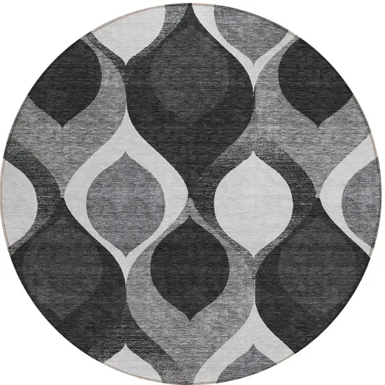 8' Black Silver And Charcoal Round Ogee Washable Indoor Outdoor Area Rug Photo 5