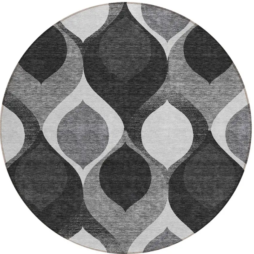 8' Black Silver And Charcoal Round Ogee Washable Indoor Outdoor Area Rug Photo 5