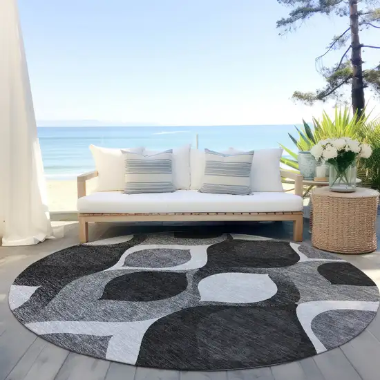 8' Black Silver And Charcoal Round Ogee Washable Indoor Outdoor Area Rug Photo 7