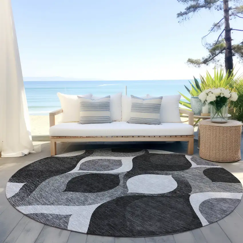 8' Black Silver And Charcoal Round Ogee Washable Indoor Outdoor Area Rug Photo 7