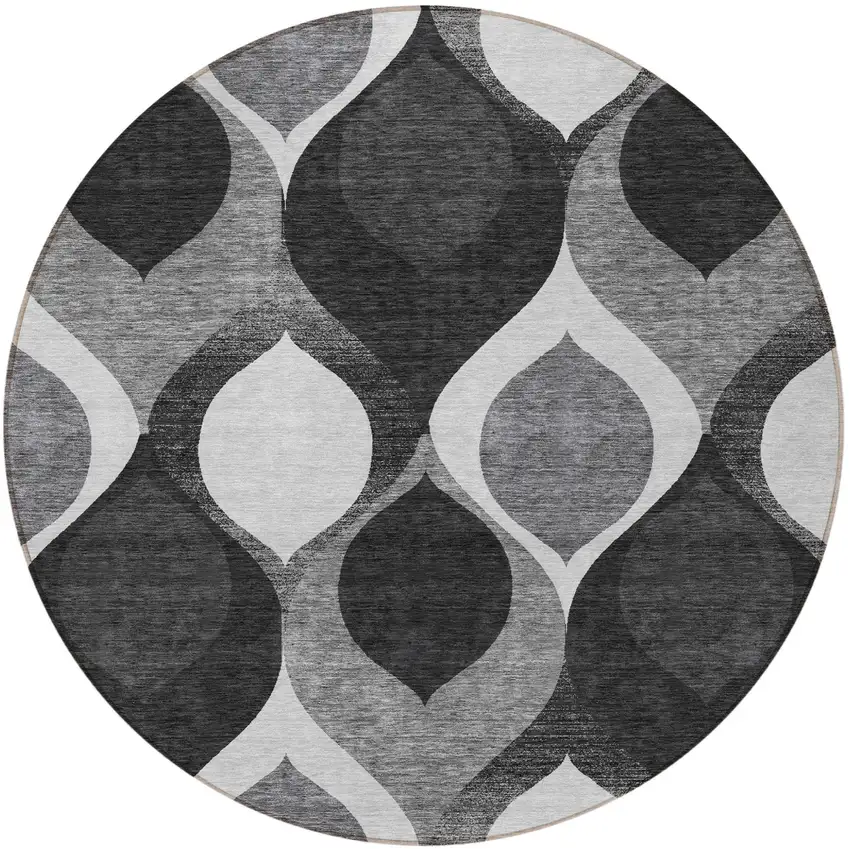 8' Black Silver And Charcoal Round Ogee Washable Indoor Outdoor Area Rug Photo 6