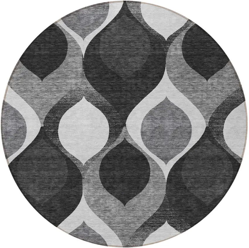 8' Black Silver And Charcoal Round Ogee Washable Indoor Outdoor Area Rug Photo 6