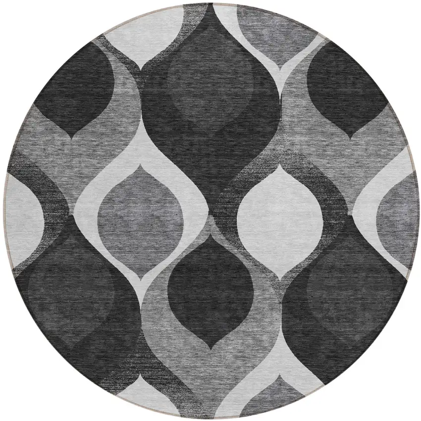 8' Black Silver And Charcoal Round Ogee Washable Indoor Outdoor Area Rug Photo 1