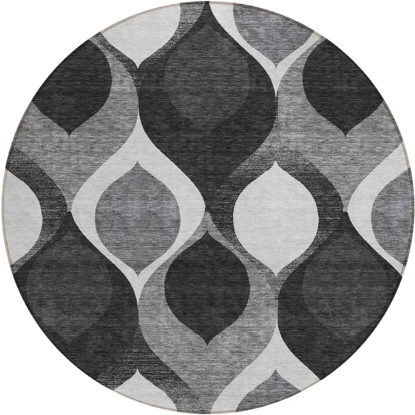 8' Black Silver And Charcoal Round Ogee Washable Indoor Outdoor Area Rug Photo 1