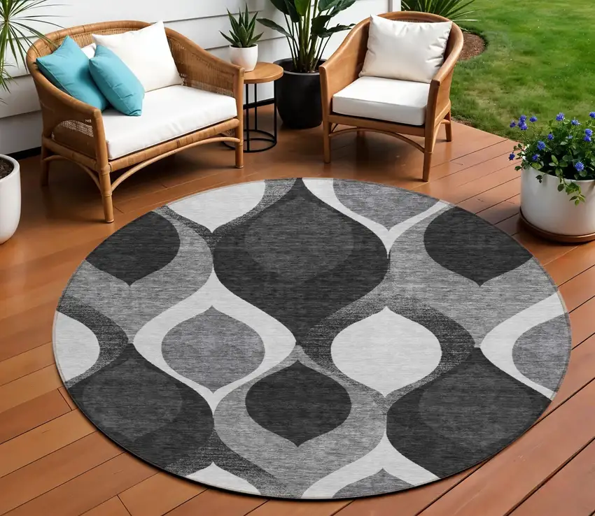 8' Black Silver And Charcoal Round Ogee Washable Indoor Outdoor Area Rug Photo 1