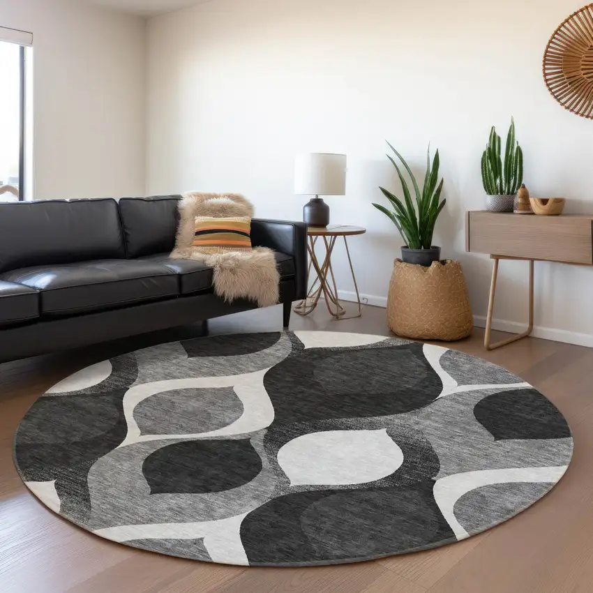 8' Black Silver And Charcoal Round Ogee Washable Indoor Outdoor Area Rug Photo 8