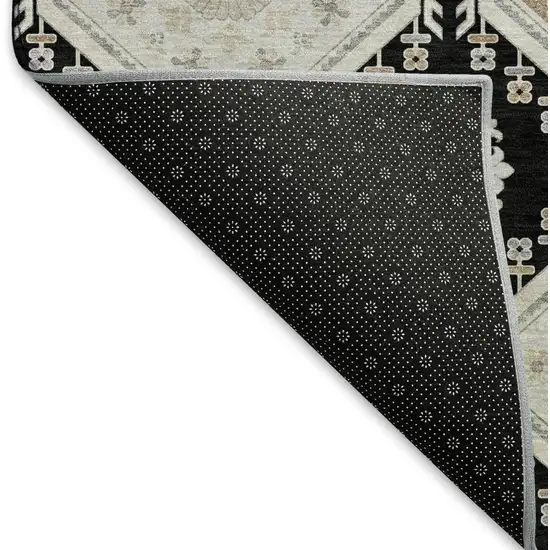8' Black Silver And Gray Floral Washable Area Rug With UV Protection Photo 6