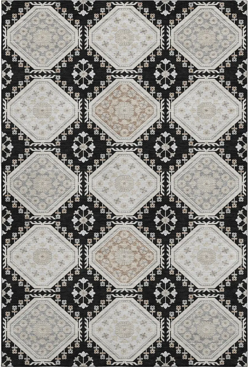 8' Black Silver And Gray Floral Washable Area Rug With UV Protection Photo 1