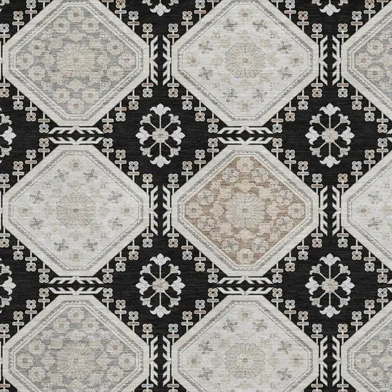 8' Black Silver And Gray Floral Washable Area Rug With UV Protection Photo 2