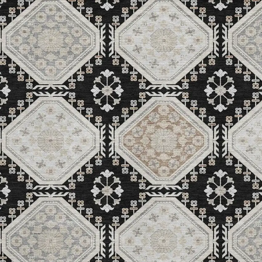 8' Black Silver And Gray Floral Washable Area Rug With UV Protection Photo 2