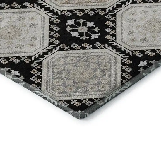 8' Black Silver And Gray Floral Washable Area Rug With UV Protection Photo 7