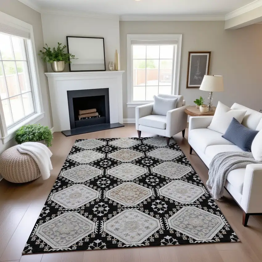 8' Black Silver And Gray Floral Washable Area Rug With UV Protection Photo 4