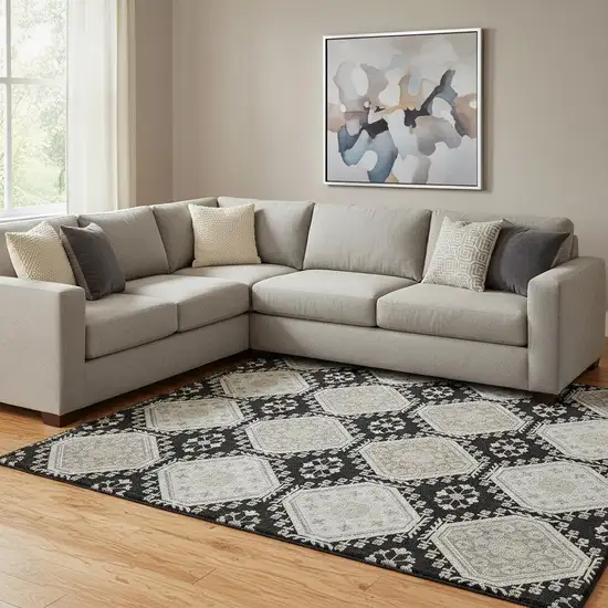 8' Black Silver And Gray Floral Washable Area Rug With UV Protection Photo 2