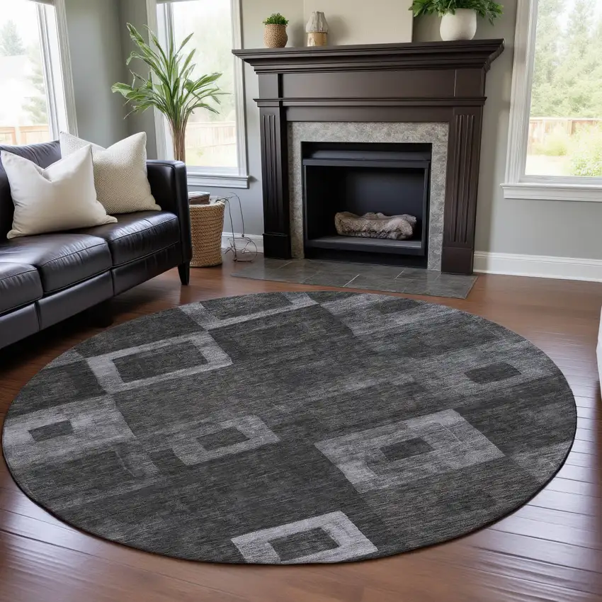 8' Black Silver And Gray Geometric Washable Round Rug With UV Protection Photo 3