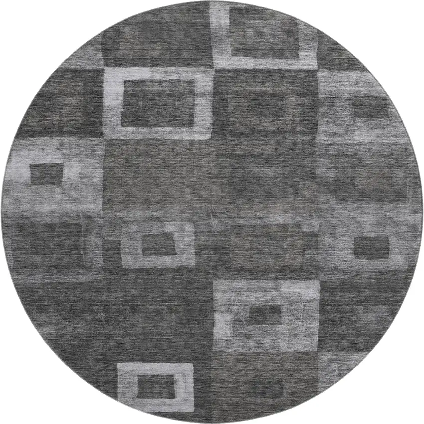 8' Black Silver And Gray Geometric Washable Round Rug With UV Protection Photo 1